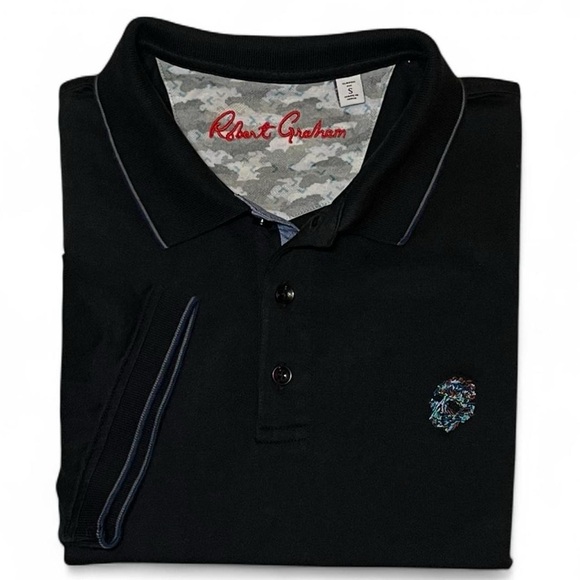 NWOT! ROBERT GRAHAM Polo Shirt Black with Grey/Blue Tipped Short Sleeve Small - Picture 1 of 7